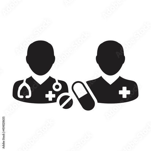 Doctor icon with patient vector with pill and tablet for medical treatment and consultation in a glyph pictogram illustration
