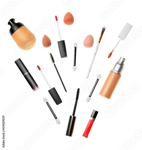 Set of makeup cosmetics and accessories on white background