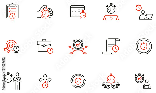 Vector Set of Linear Icons Related to Time Management, Reminder, Working Hours. Mono Line Pictograms and Infographics Design Elements