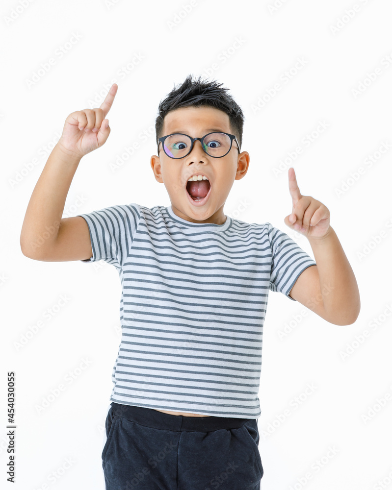 Funny cutout portrait of young healthy Asian boy wearing glasses and casual horizontal striped shirt shout out loud with surprising, exciting, good idea on unexpected opportunity. Funny cutout portrait of young healthy Asian boy wearing glasses and casual horizontal striped shirt shout out loud with surprising, exciting, good idea on unexpected opportunity.