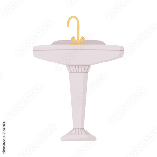 White Bathroom Sink Basin with Tap Isolated on White Background Vector Illustration