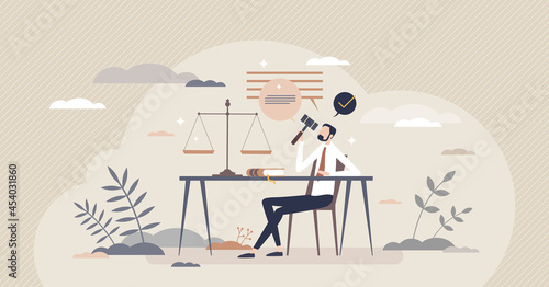 Legal advice as professional lawyer opinion about deal tiny person concept. Agreement questions answering and help from jurisprudence aspects vector illustration. Government law consultation service.