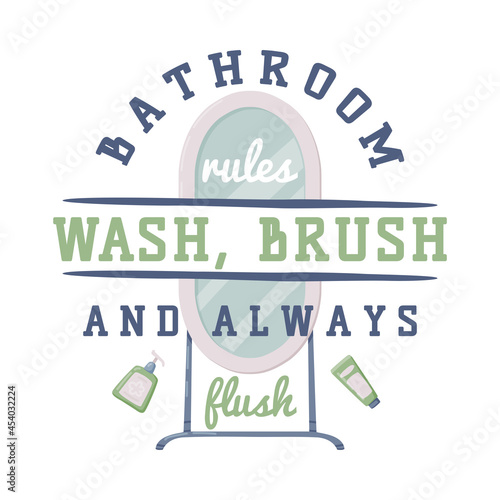 Bathroom Lettering with Washing Inscription and Mirror Vector Illustration