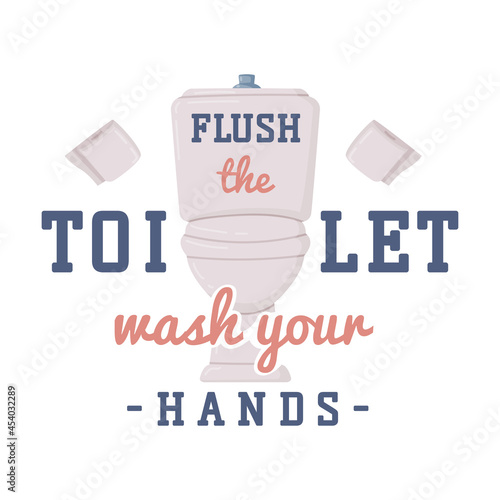 Bathroom Lettering with Washing Inscription and Toilet Bowl Vector Illustration
