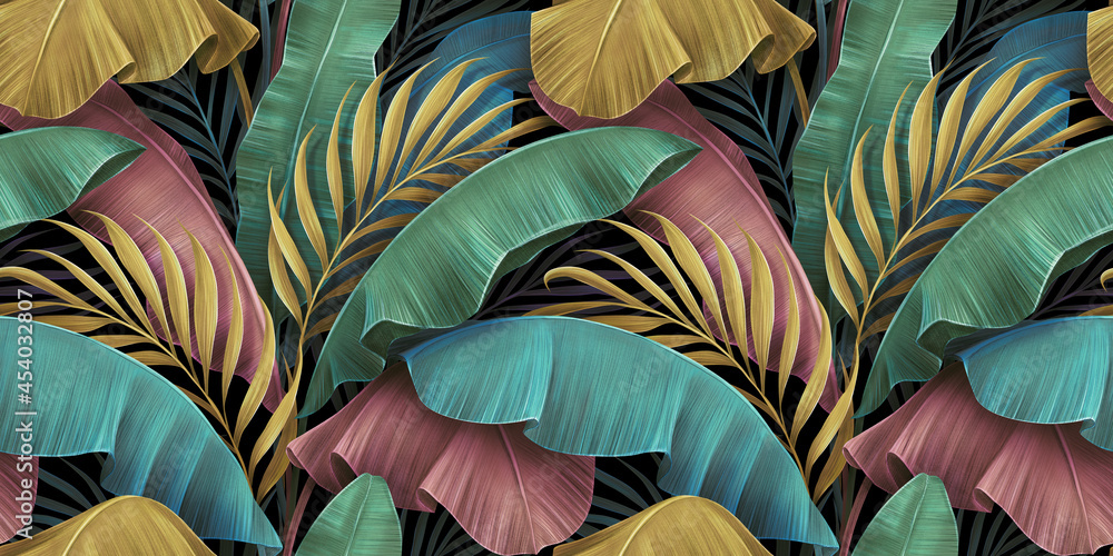 Tropical luxury exotic seamless pattern, pastel colorful banana leaves, palm. Hand-drawn vintage 3D illustration. Dark glamorous bright background design. For wallpapers, cloth, fabric printing, goods - obrazy, fototapety, plakaty 