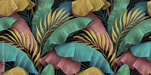 Tropical luxury exotic seamless pattern, pastel colorful banana leaves, palm. Hand-drawn vintage 3D illustration. Dark glamorous bright background design. For wallpapers, cloth, fabric printing, goods