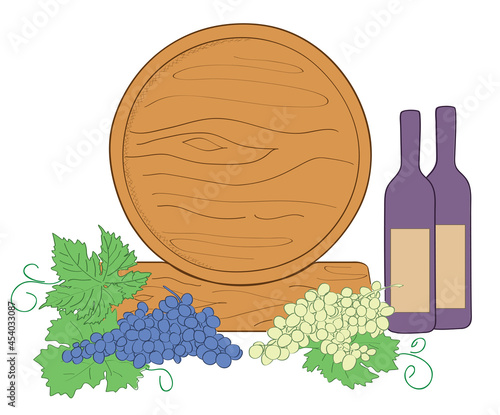 wooden barrel of wine with wine bottles and grape - vector