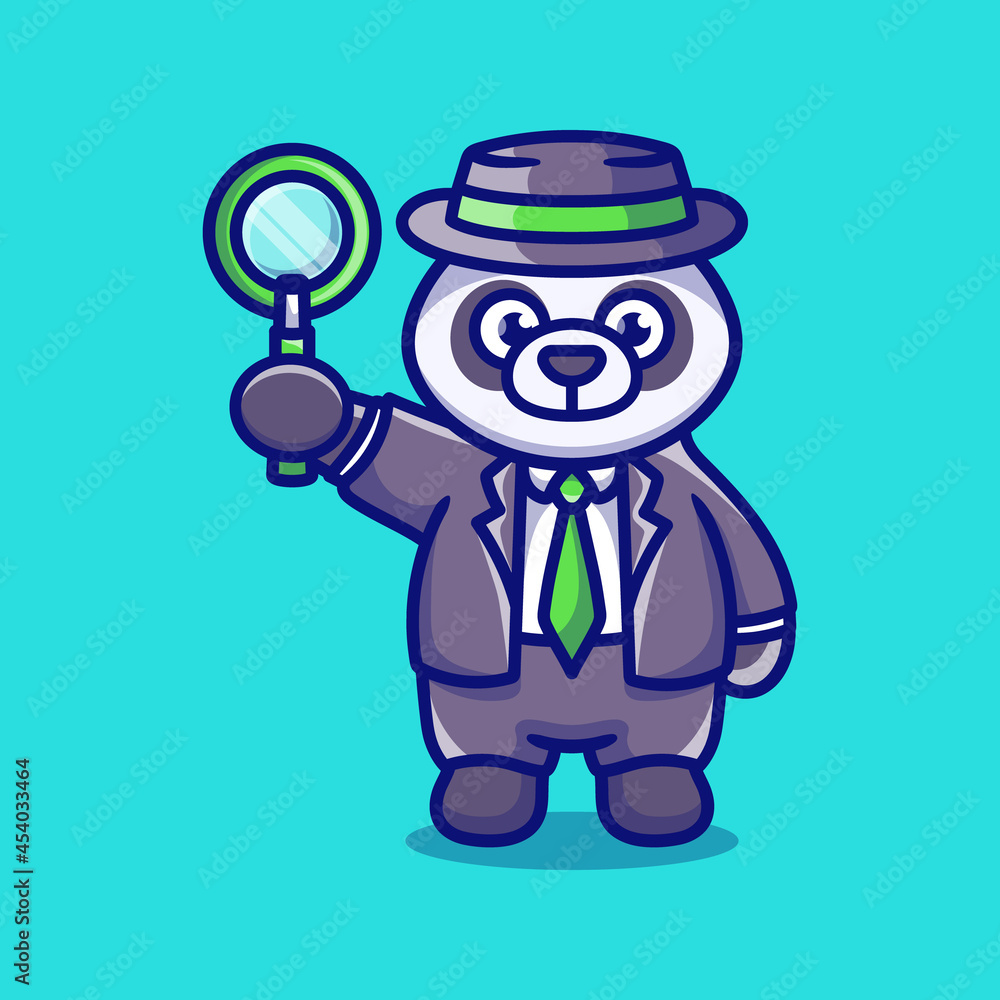 cute panda detective carrying a magnifying glass