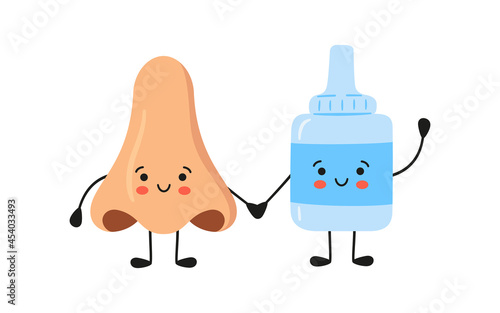 Kawaii human nose and medical drops characters. Medicine for the health of the nose. Treatment of runny nose, sinusitis, rhinitis. Vector illustration isolated on white background in hand drawn style.