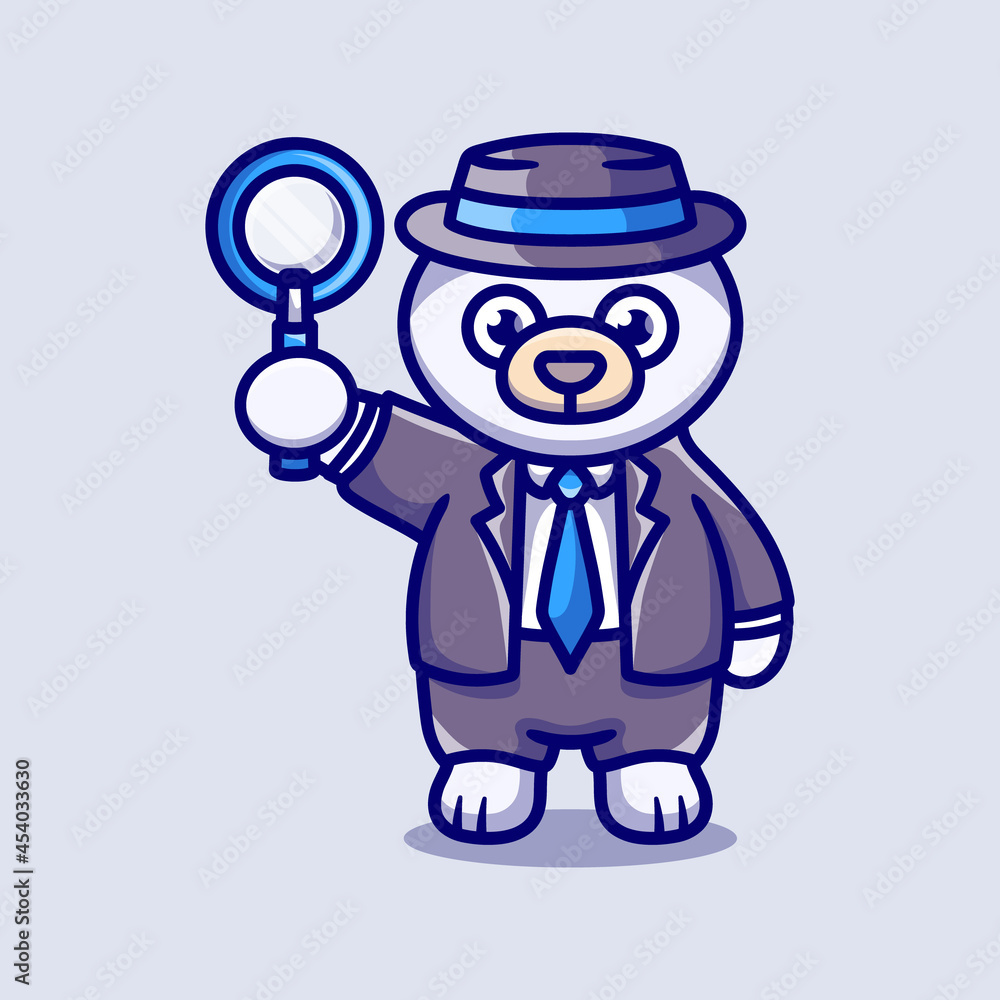cute polar bear detective carrying a magnifying glass