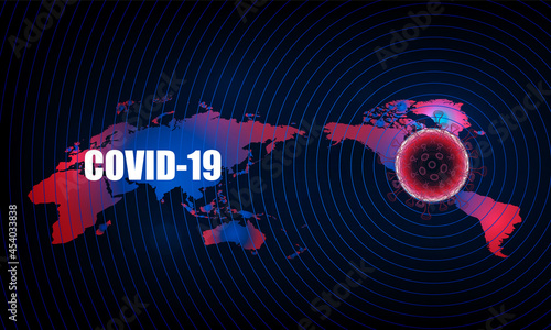Dark background with bacteria and the inscription coronavirus COVID-2019 on a red Abstract bokeh Light background vector design .