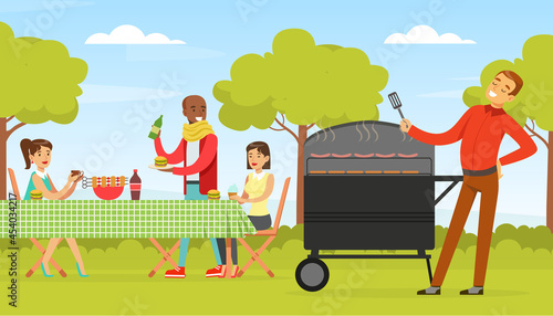 People Character on BBQ Picnic Eating Shashlik and Sausages Outdoors and Cooking Meat On Barbecue Grill Vector Illustration