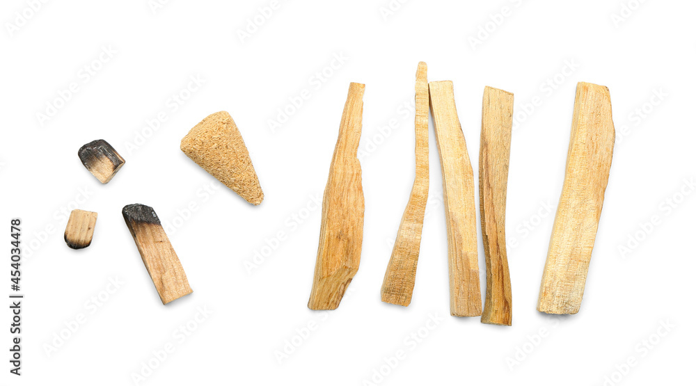 Palo Santo wood and incense on white background Palo Santo wood and incense on white background