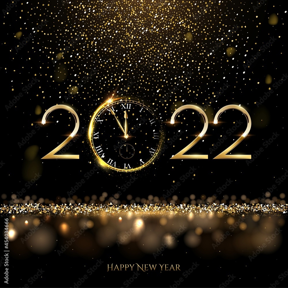 Happy new year 2022 clock countdown background. Gold glitter shining in light with sparkles abstract celebration. Greeting festive card vector illustration. Merry holiday poster or wallpaper design. - obrazy, fototapety, plakaty 