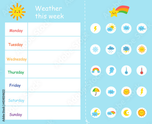 Weather this week template for kids. Weather chart.