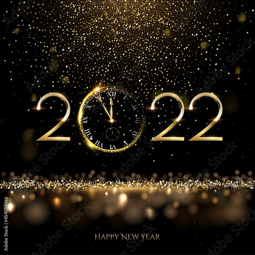 Happy new year 2022 clock countdown background. Gold glitter shining in light with sparkles abstract celebration. Greeting festive card vector illustration. Merry holiday poster or wallpaper design.
