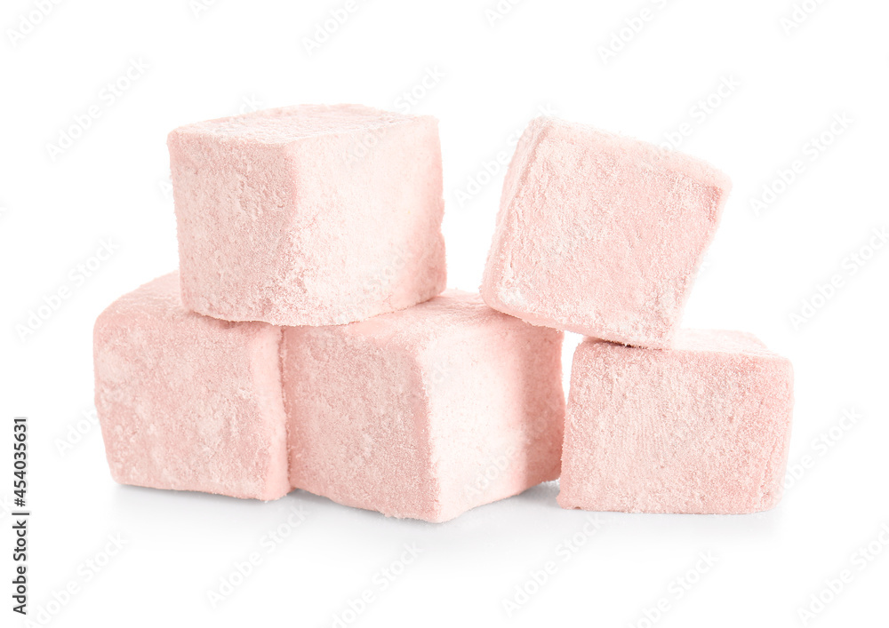Tasty sweet marshmallows on white background Tasty sweet marshmallows on white background