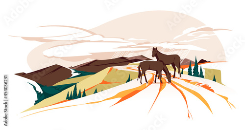 Wild horses graze on a mountain road. Autumn landscape. Color flat vector illustration 