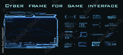 Cyber frame for game interface. Set blocks square frames and callouts with text. Modern futuristic HUD user interface. High technology screen digital hologram window