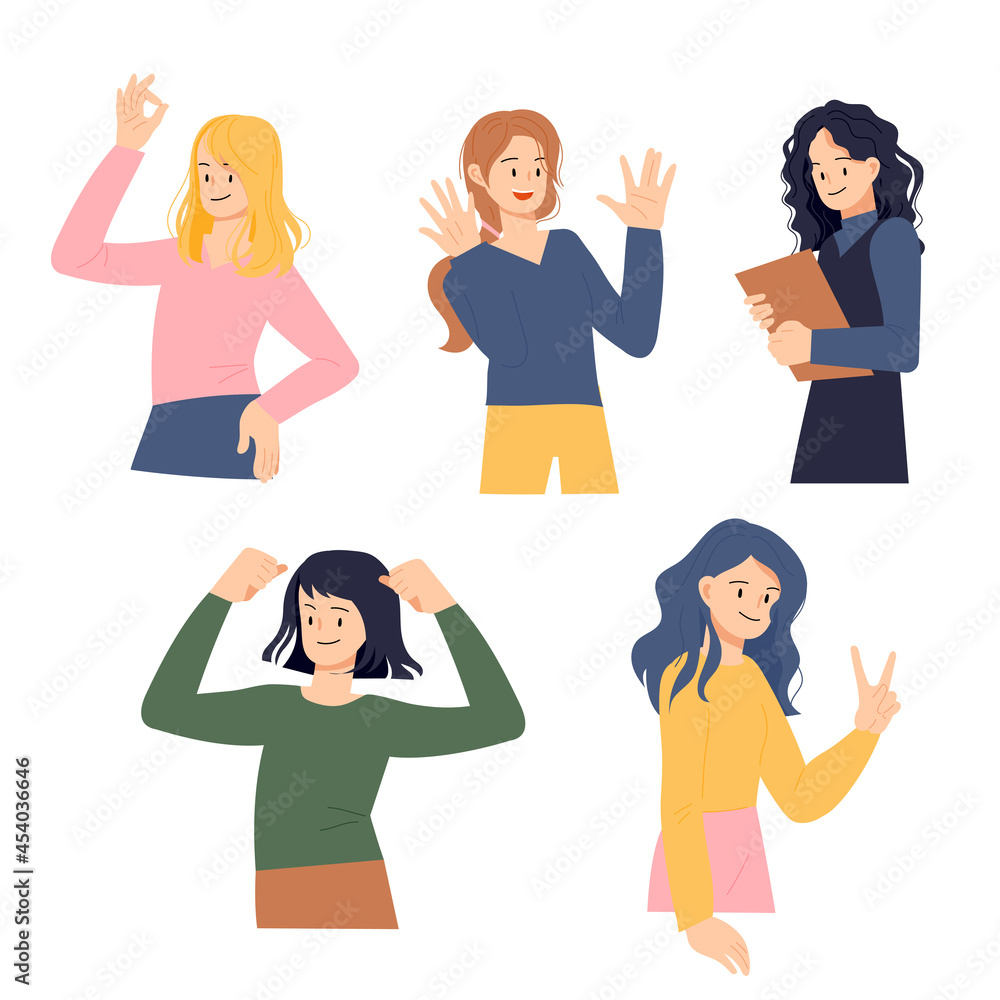 Collection of positive gestures of women. flat design style vector illustration. Collection of positive gestures of women. flat design style vector illustration.