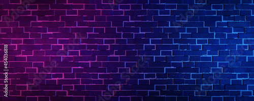 Brick wall background. Neon light on old grunge brick wall. Dark cyber Sci Fi concept. 3d rendering.