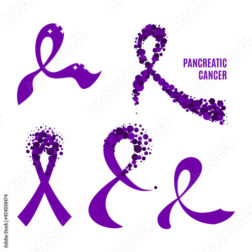 Pancreatic cancer awareness ribbon collection set. Purple bows made of dots for support and solidarity concept. Pancreatitis disease medical concept. Vector illustration.