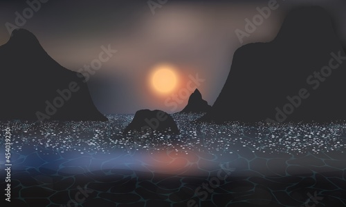 Dark mysterious sunset on a rocky shore. Sea foam reflects the setting Sun.