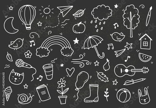 Cute chalkboard doodle with cloud, rainbow, sun, animal element. Hand drawn line children style. Doodle background vector illustration.