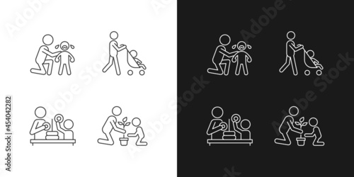 Parental involvement linear icons set for dark and light mode. Comforting crying child. Walking with stroller. Customizable thin line symbols. Isolated vector outline illustrations. Editable stroke