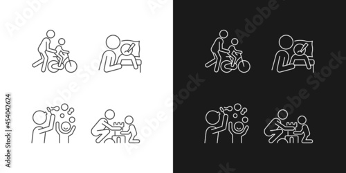 Good parenting linear icons set for dark and light mode. Learning to ride bike. Blow bubbles together. Customizable thin line symbols. Isolated vector outline illustrations. Editable stroke
