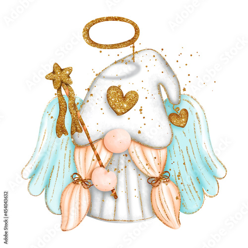 Digital paint watercolor angel gnome isolated on white background. Cute gnome with wings and glitter, greeting card. 