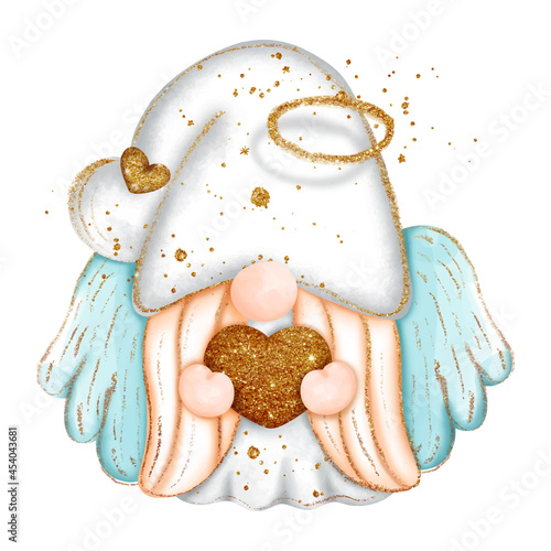 Digital paint watercolor angel gnome isolated on white background. Cute gnome with wings and glitter, greeting card. 