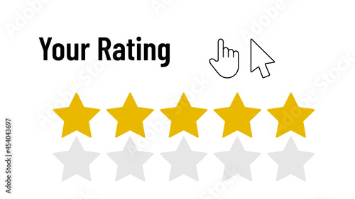 Your rating. Template for animation. Five gold and gray stars. Arrow and hand mouse cursor icon.