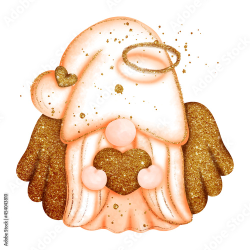Digital paint watercolor angel gnome isolated on white background. Cute gnome with wings and glitter, greeting card. 