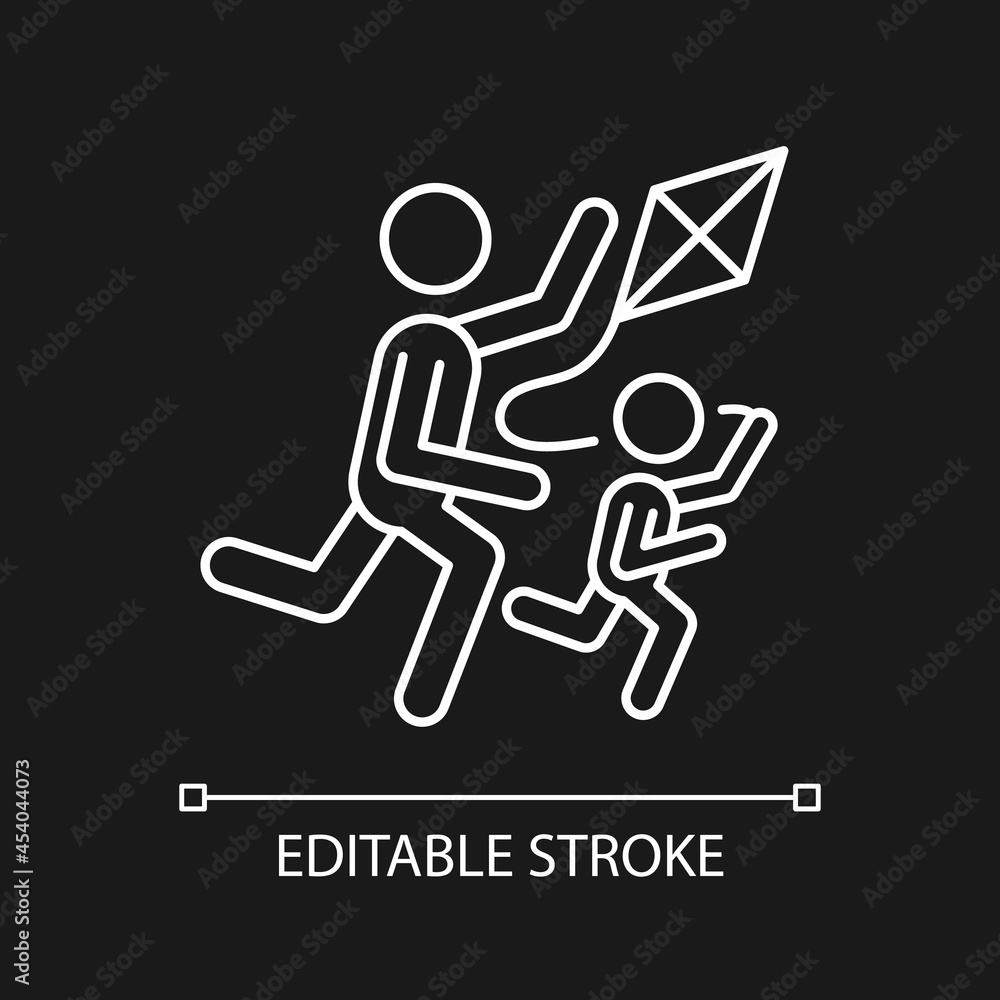 Flying kite white linear icon for dark theme. Playing with child outdoors. Develop coordination. Thin line customizable illustration. Isolated vector contour symbol for night mode. Editable stroke Flying kite white linear icon for dark theme. Playing with child outdoors. Develop coordination. Thin line customizable illustration. Isolated vector contour symbol for night mode. Editable stroke