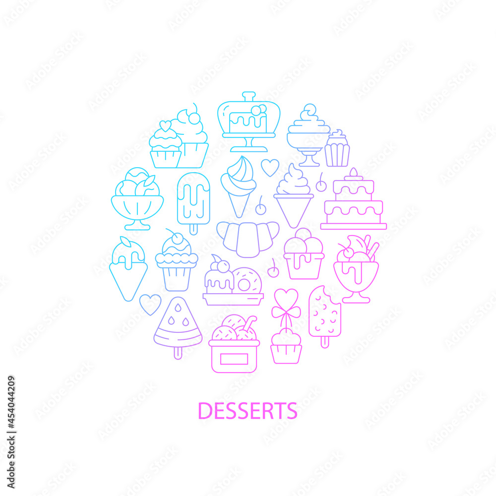 Assorted desserts abstract gradient linear concept layout with headline. Sweets collection minimalistic idea. Thin line graphic drawings. Isolated vector contour icons for background