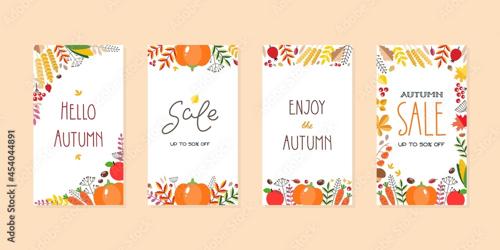 Autumn sale backgrounds. Set of editable templates for social networks and stories. Harvest frames with vegetables, berries, autumn leaves and plants. Vector 10 EPS.