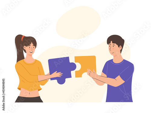 Man and woman with puzzle pieces trying to find a solution together Teamwork and collaboration concept