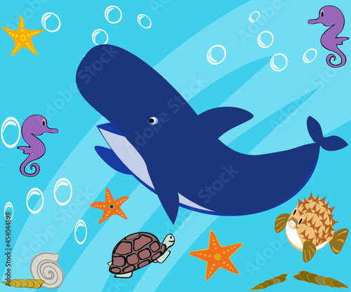 Fototapeta Naklejka Na Ścianę i Meble -  Whales, shells, seahorses, sea fish and other animals, under the sea vector illustration.