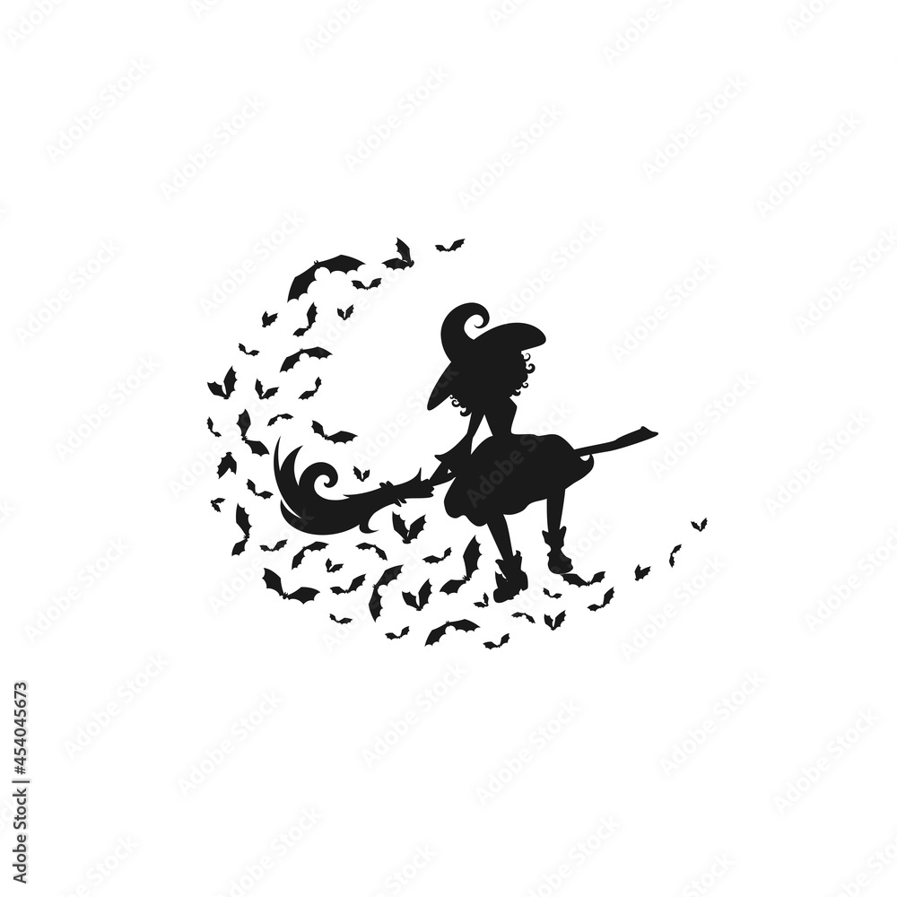 Witch flies on the broom with bats. Moon, bats and and hag in hat. Magic, fantasy.
