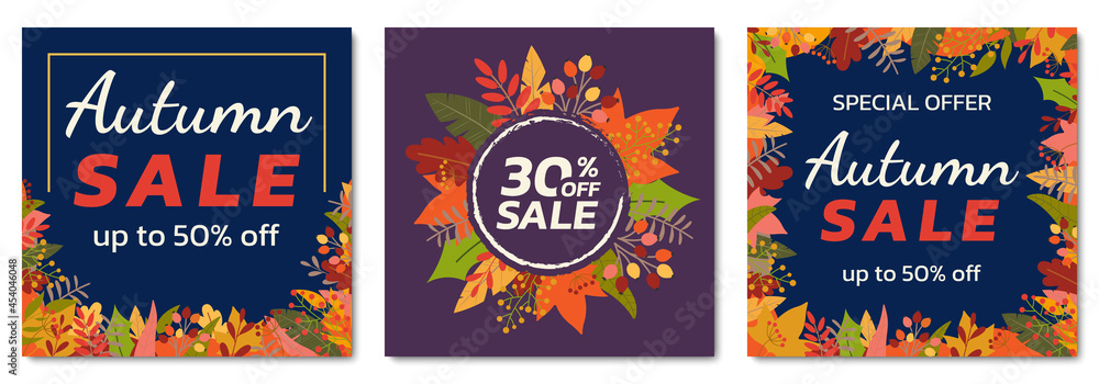 Autumn sale banner set with fall leaves. Square floral backgrounds with foliage frame. Promotion poster, social media post, discount card or flyer design template. Vector illustration. 
