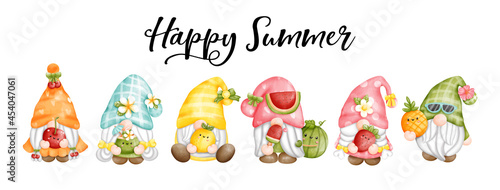Summer gnome with fruits and cute gnome banner. 