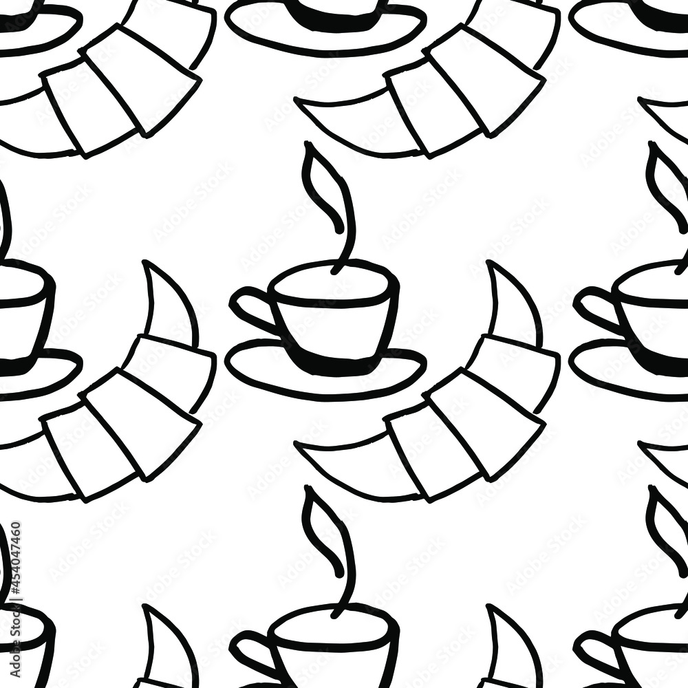 Vector simple coffee and croissant pattern. Fresh pastries and hot coffee, tea.