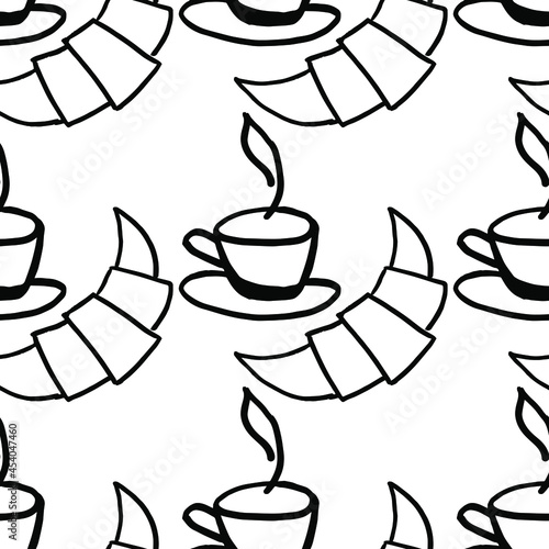 Vector simple coffee and croissant pattern. Fresh pastries and hot coffee  tea.