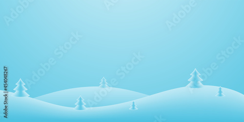 Christmas holiday background. Winter snow december landscape, white cold. Christmas tree on hill for invitation, postcard. Blue sky wallpaper. Wonderland abstract magic texture Vector illustration