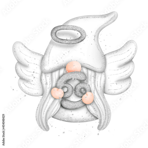 Digital paint watercolor Gnome Cancer Zodiac Sign isolated on white background. Cute gnome with wings and glitter, greeting card. 