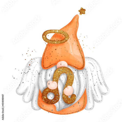 Digital paint watercolor Gnome Leo Zodiac Sign isolated on white background. Cute gnome with wings and glitter, greeting card. 