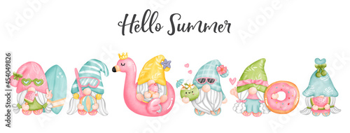 Digital painting watercolor Hello Summer gnomes, Happy Summer greetings card. Beach Gnome
