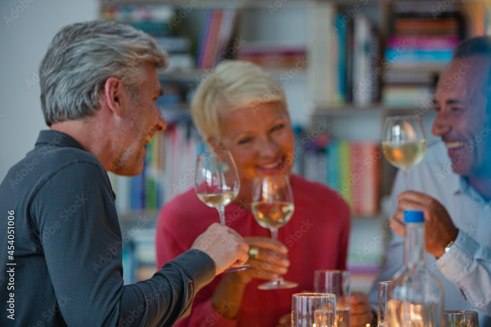 Older friends toasting each other with white wine Older friends toasting each other with white wine