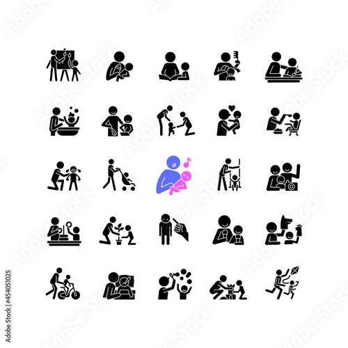 Parent and child interaction black glyph icons set on white space. Building emotional closeness. Bonding activity. Fun family togetherness time. Silhouette symbols. Vector isolated illustration